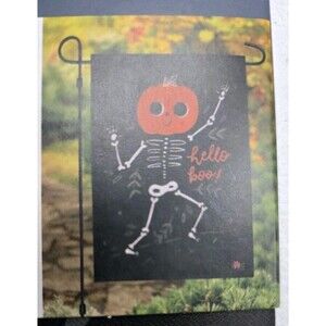 NIP Style Selections Small Garden Flag 12.5x18in Hello Boo Skeleton Halloween